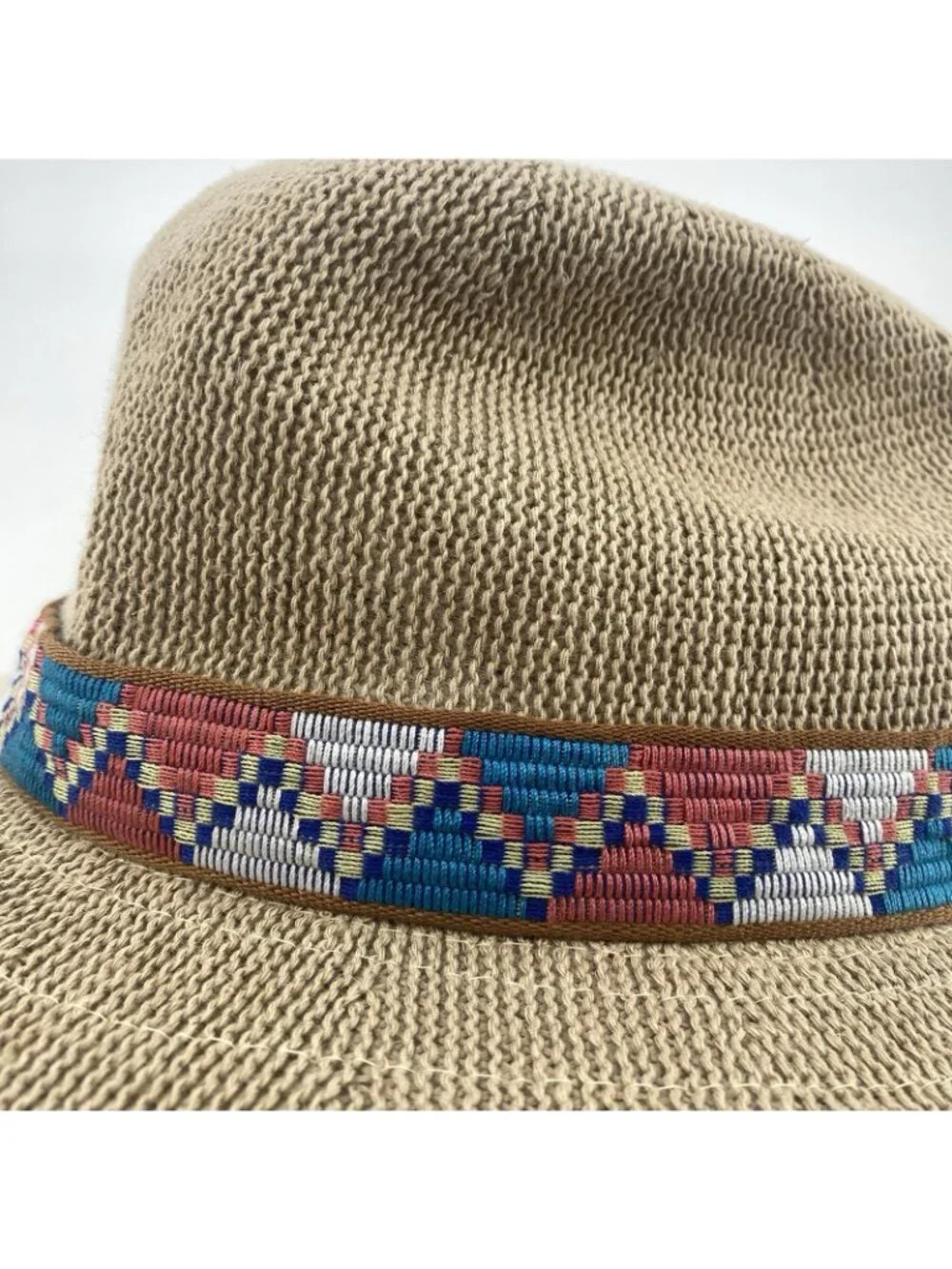 Prana Cybil Knit Hemp Organic Cotton Poly Blend Aztec Print Fedora Sun Hat